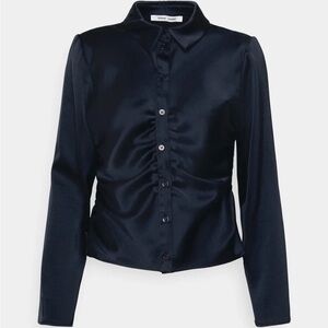 Samsoe Samsoe Navy Ruched Satin Button Up Shirt - Size Small